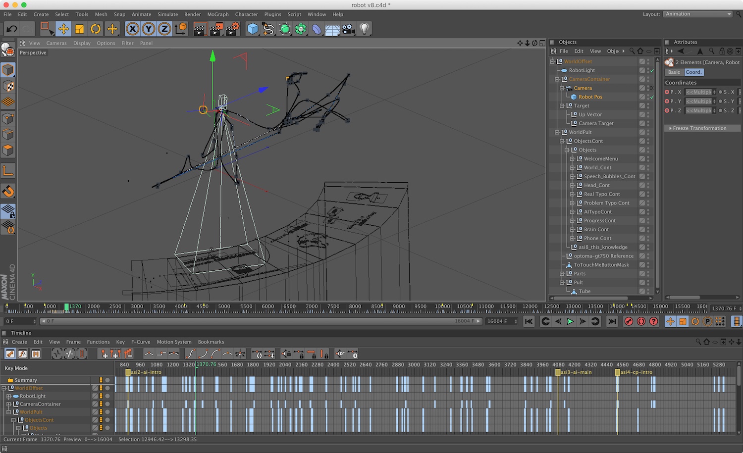 Cinema 4D Screenshot showing the animated path of the robot.