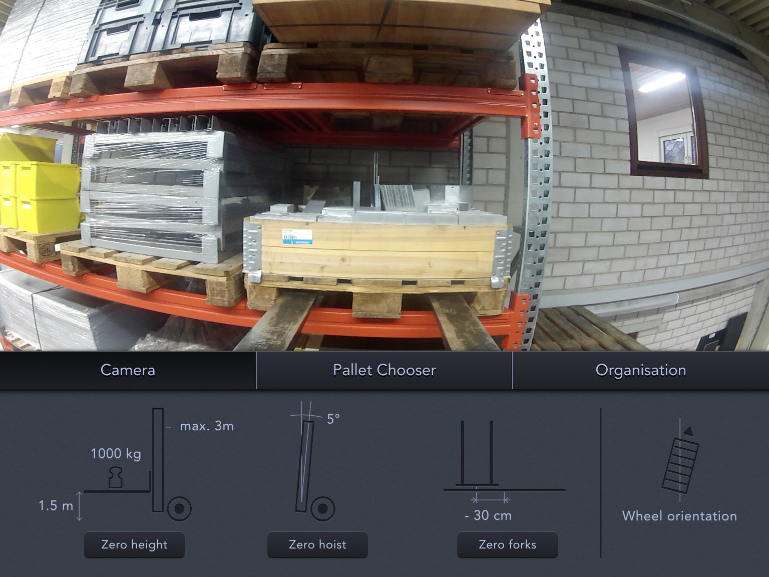 Camera view interface, with live camera image at the top and visualizations of forklift data at the bottom.