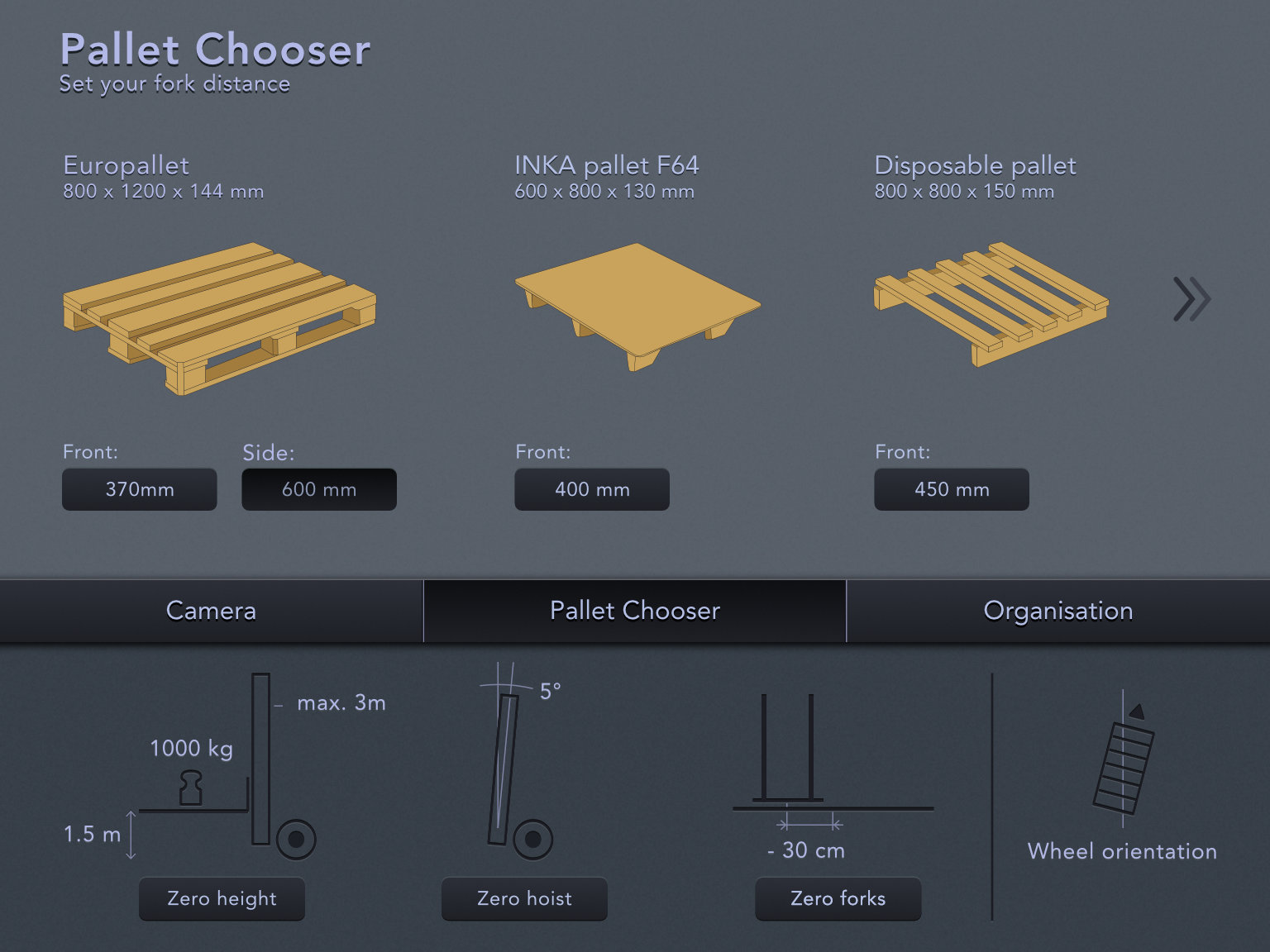 Pallet Chooser interface where the user can select between different pallet types.
