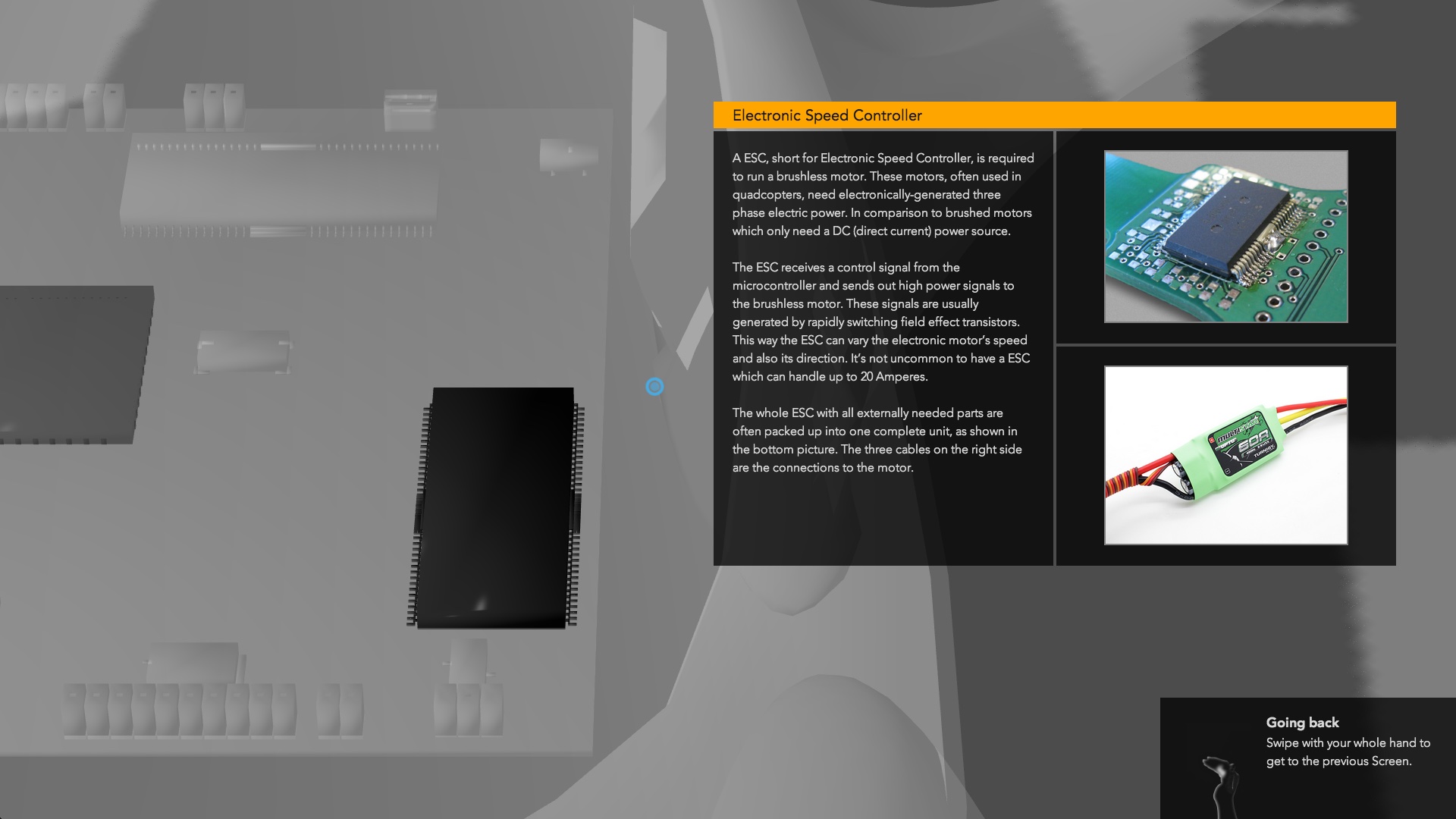 Detailed view of Quadcopter component, highlighting the Electronic Speed Controller.