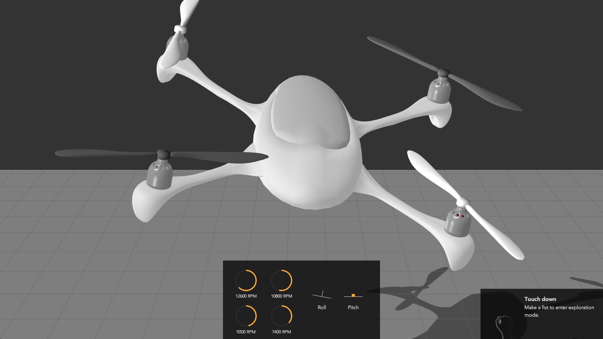 Flight Mode in a virtual environment, controlled with hand gestures and accompanied by data visualization.