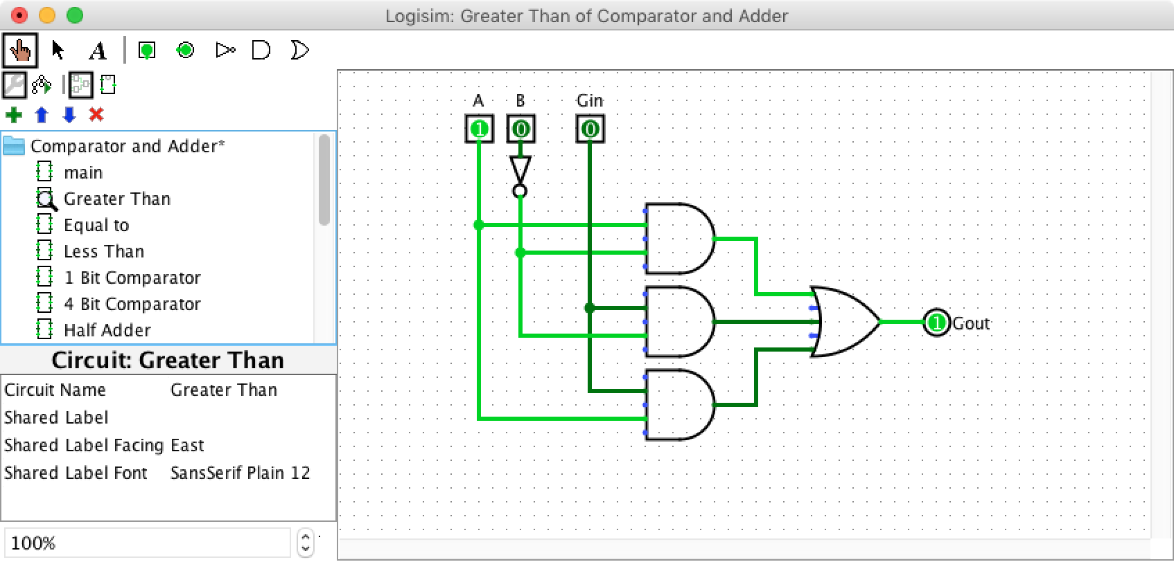 Greater than logic from Basic Logic Gates in Logisim