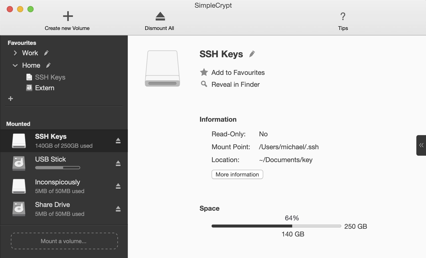 Main window interface of SimpleCrypt, featuring a master-detail view where users can select mounted Disks and Disk Images.