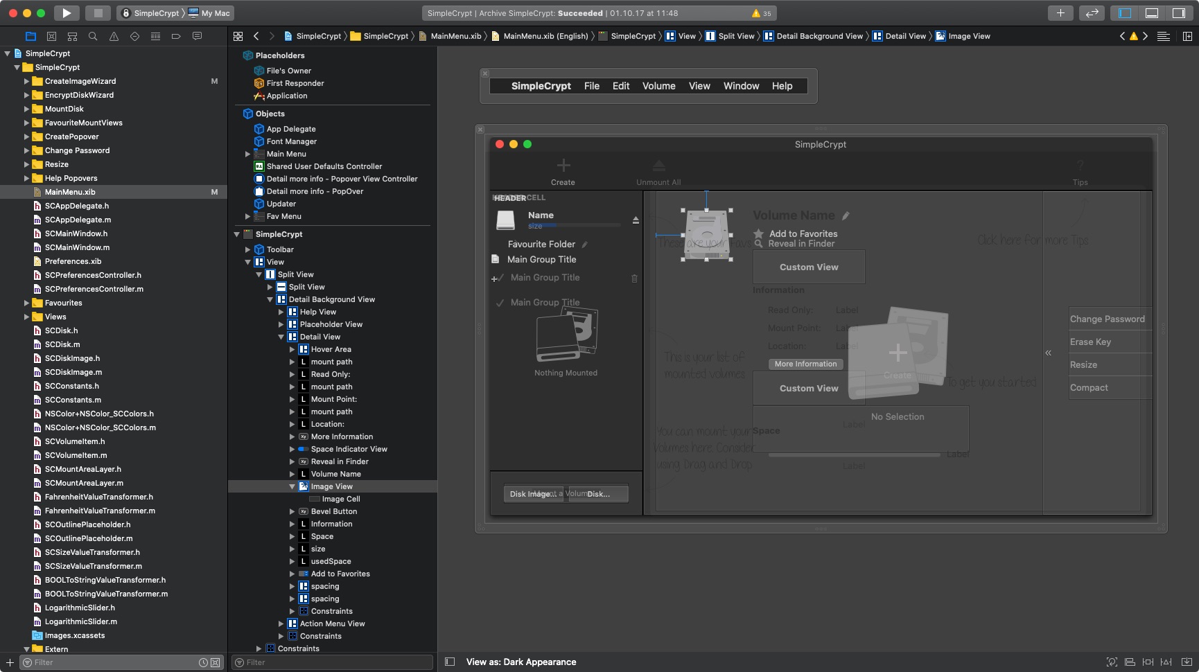 Screenshot of the SimpleCrypt application being developed in Xcode, the macOS native development environment.