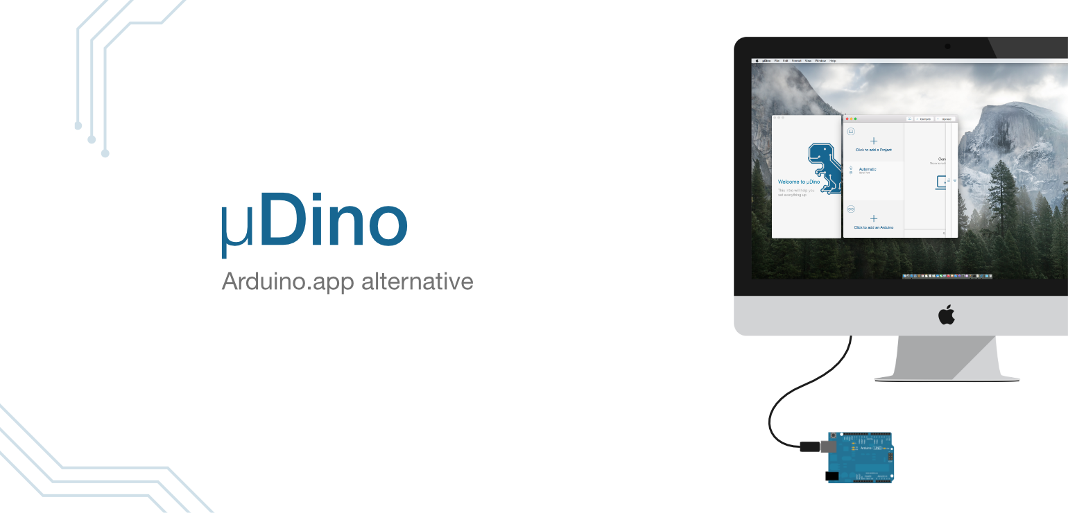 µDino Logo with slogan 'Arduino.app alternative'