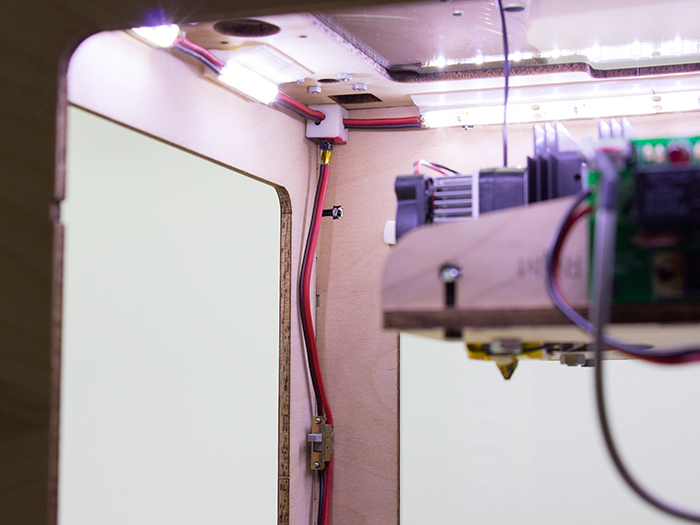 Close-up view of LED lights inside MakerBot.