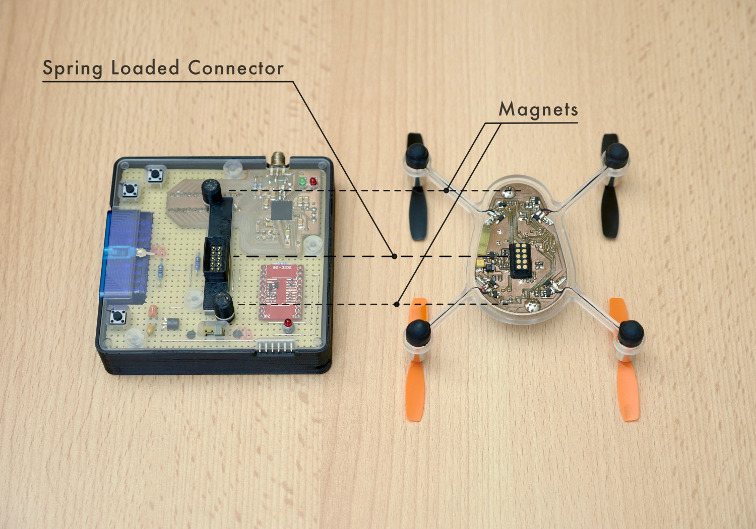 Base station and Picopter showing how magnets and spring-loaded connectors attach to each other.