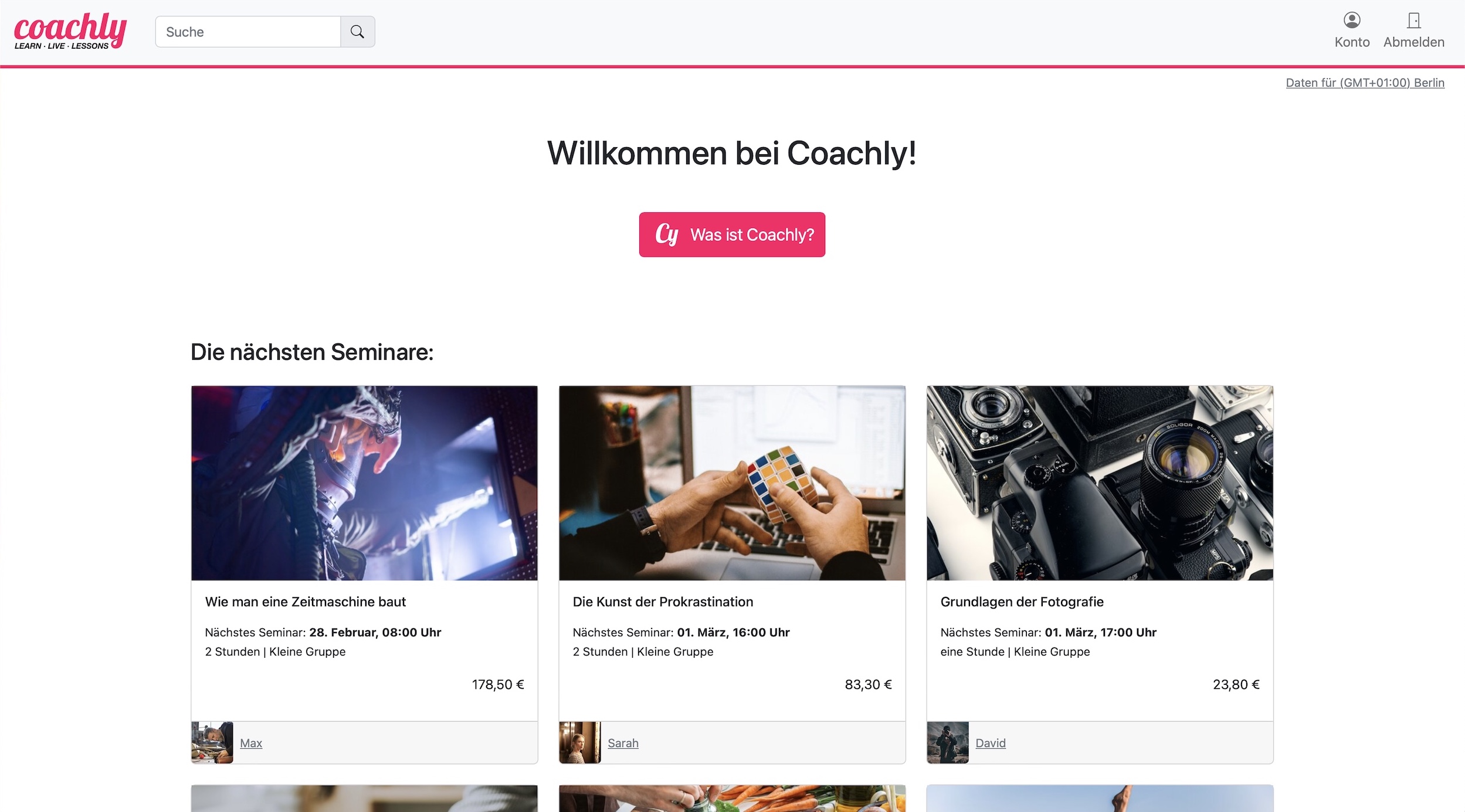 Screenshot of the welcoming Coachly start page, with a number of courses to choose from.