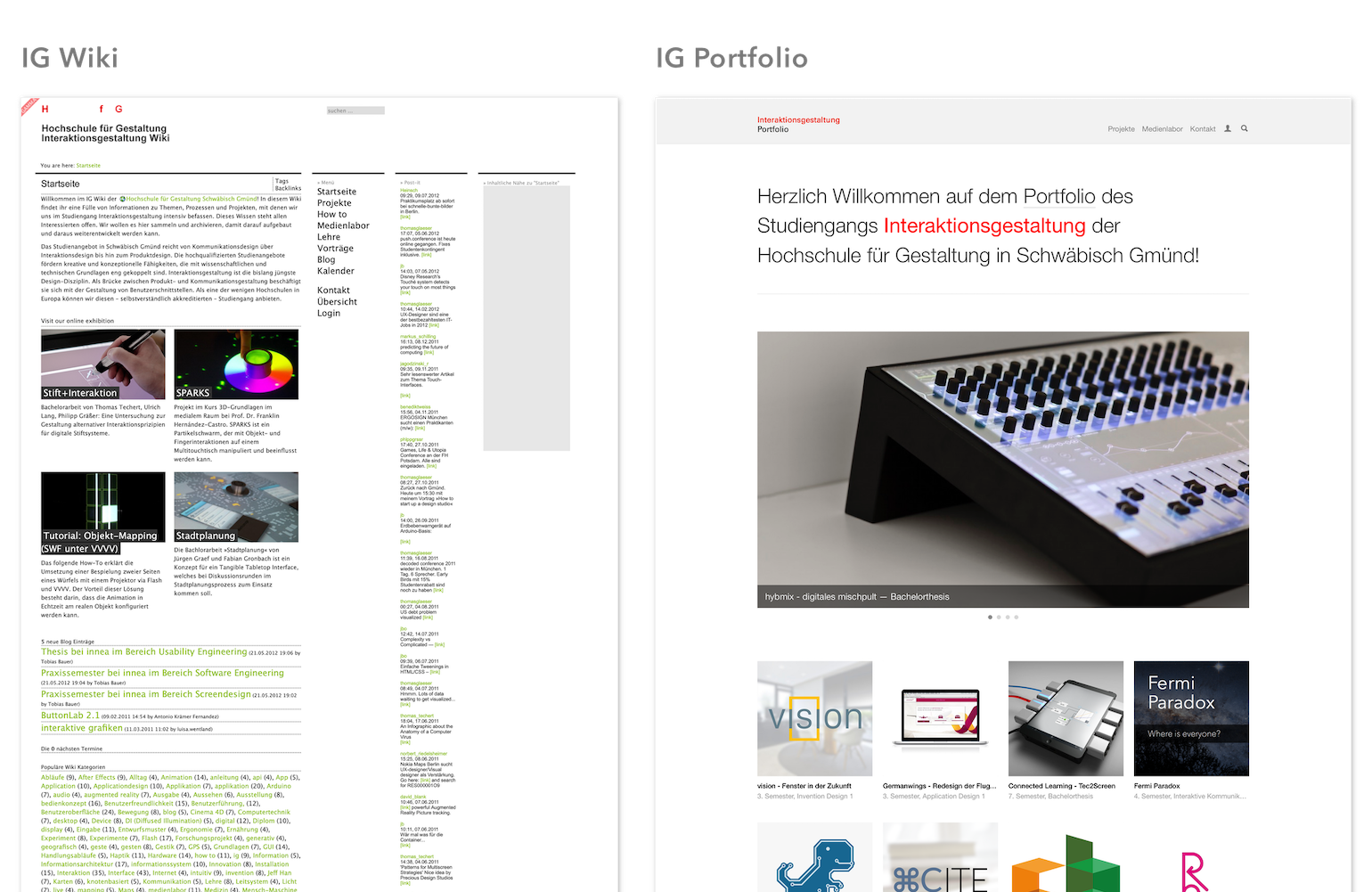 Side-by-side screenshot comparison of the old 'IG Wiki' interface and the redesigned 'IG Portfolio' interface.